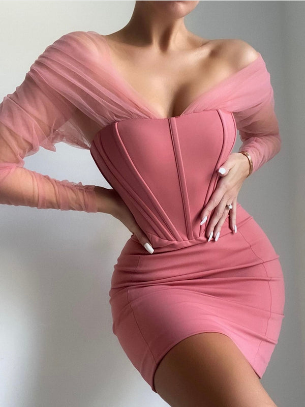 Zofia Salmon Pink Off Shoulder Mesh Sleeve Corset Dress Dresses Oh CiCi 