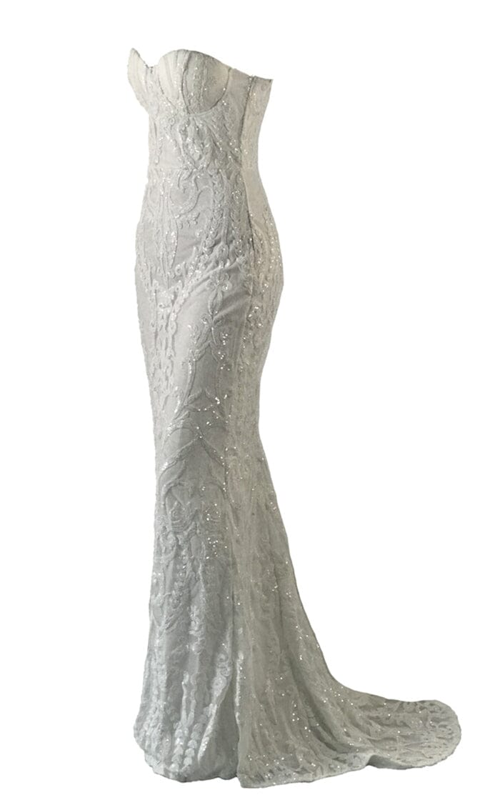 WHITE SEQUIN LACE STRAPLESS MAXI DRESS
