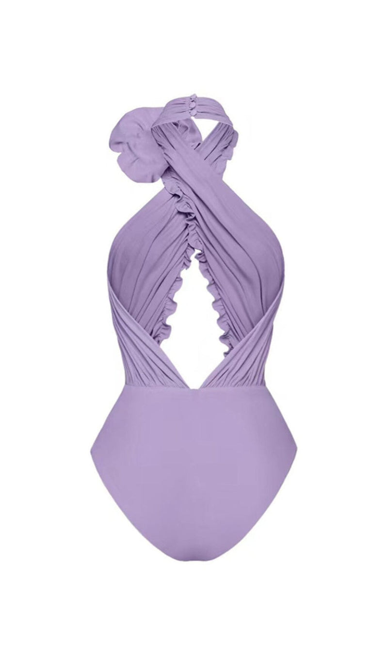 PURPLE HALTER 3D FLOWER ONE PIECE SWIMSUIT AND SARONG