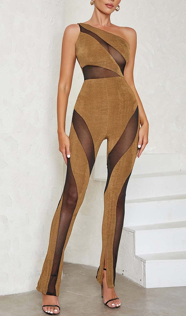 ASYMMETRICAL PATTERN MESH JUMPSUIT IN BROWN DRESS STYLE OF CB 