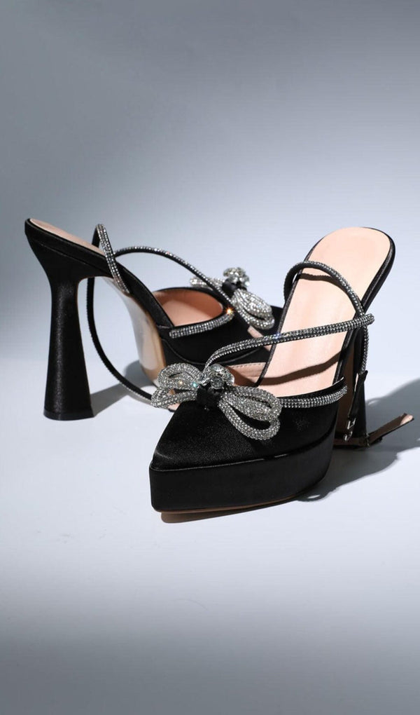 BOW CRYSTAL SATIN HEELS IN BLACK Shoes styleofcb 