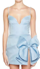 CRYSTAL BOW MINI DRESS IN BABY BLUE