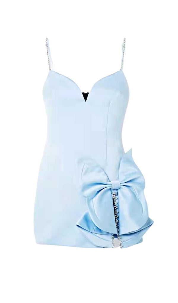 CRYSTAL BOW MINI DRESS IN BABY BLUE