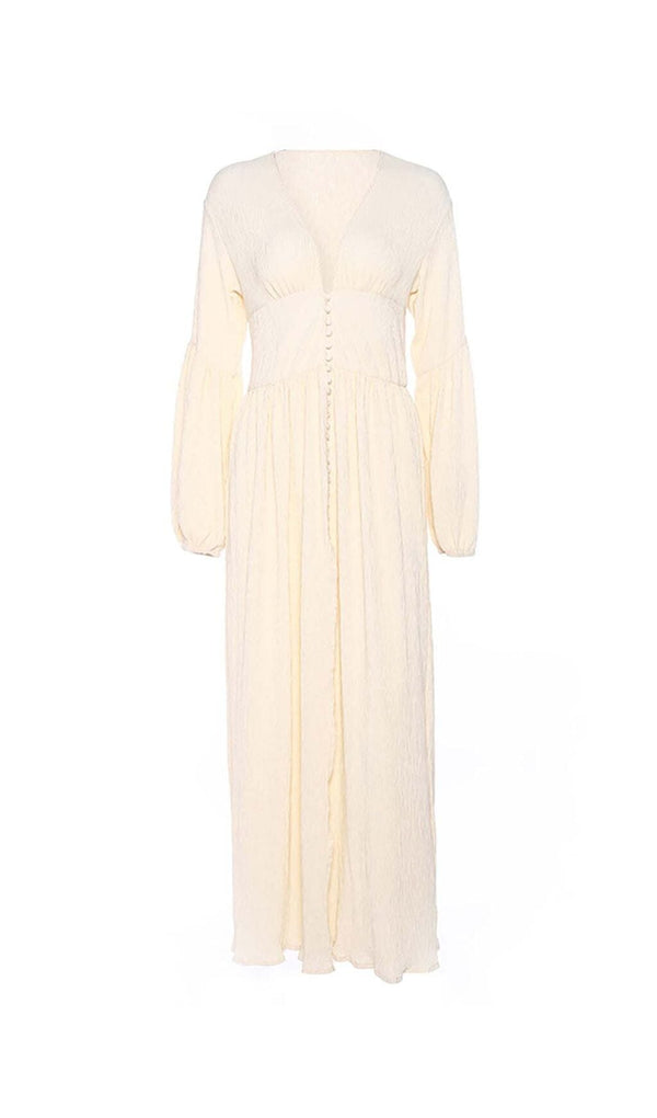 BUTTON-FRONT PUFFED SLEEVES MAXI DRESS IN BEIGE