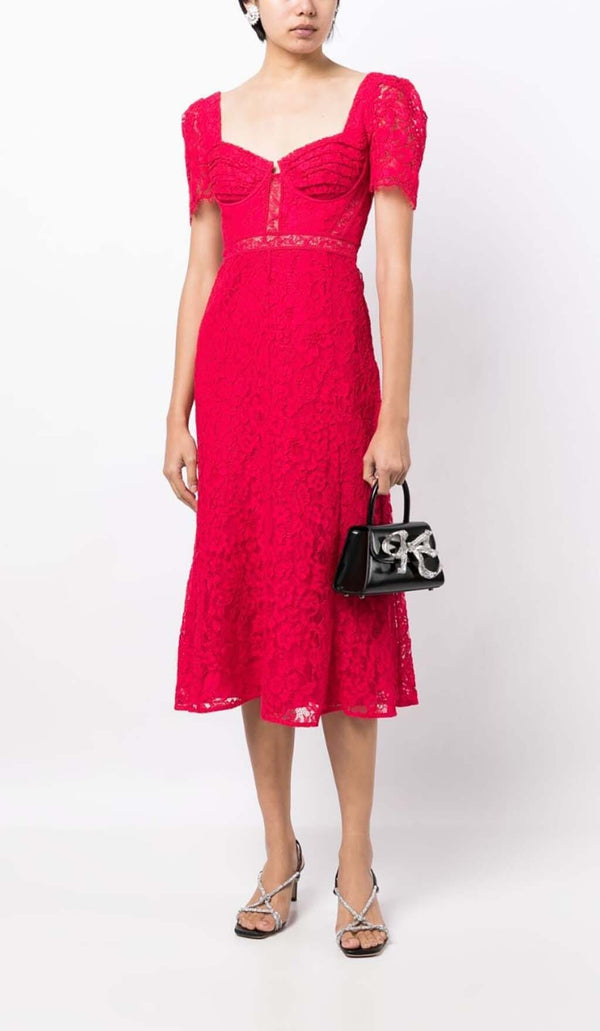CREPE-TEXTURE LACED MIDI DRESS IN RED