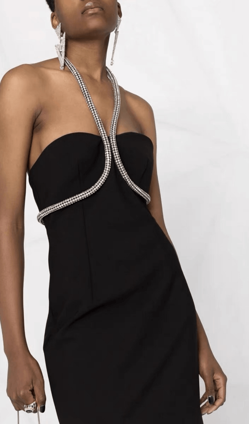 CRYSTAL NECKLACE MINI DRESS IN BLACK