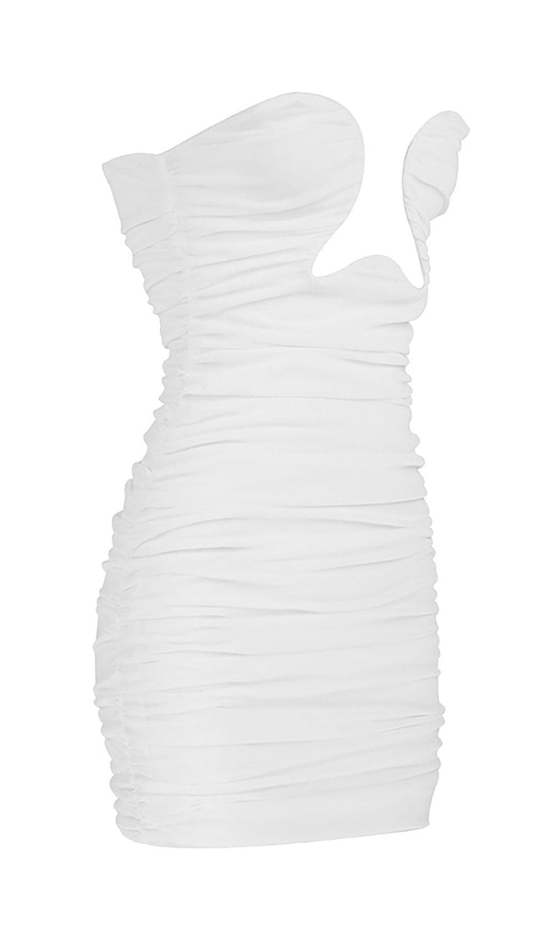 CUT-OUT RUCHED BODYCON MINI DRESS IN WHITE