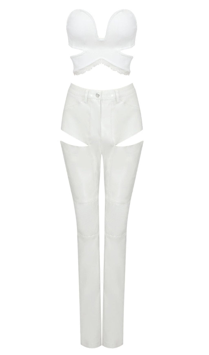 CUT OUT PU TWO-PIECE SUIT IN WHITE