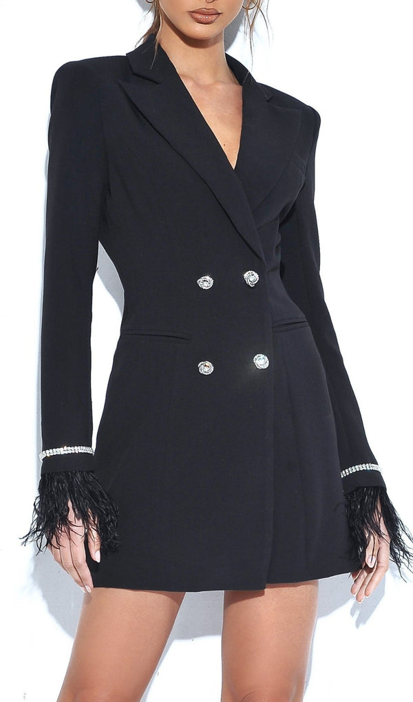 QUILLA BLACK FEATHER CRYSTAL SLEEVE BACKLESS BLAZER DRESS
