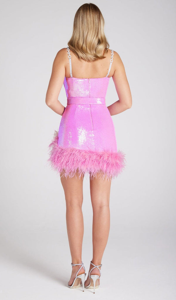 SEQUIN FEATHER BELT MINI DRESSS IN PINK Dresses styleofcb 