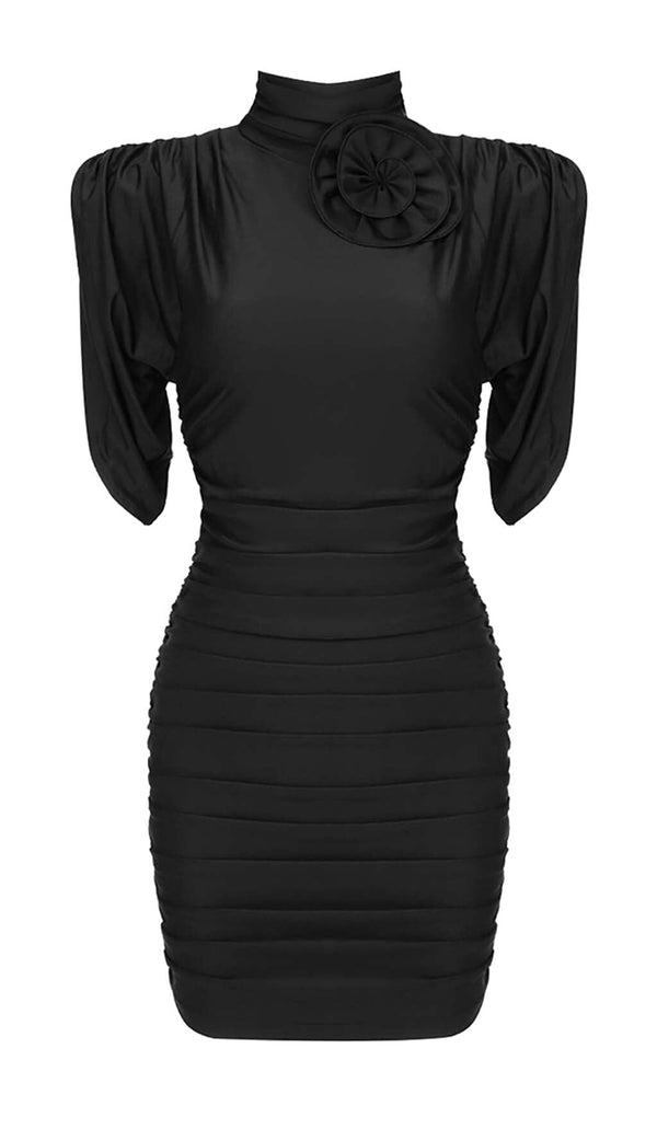 FLOWER-EMBELLISHED RUCHED MINI DRESS IN BLACK DRESS STYLE OF CB 