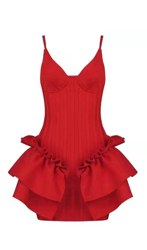 FRILLY BANDAGE MINI DRESS IN RED