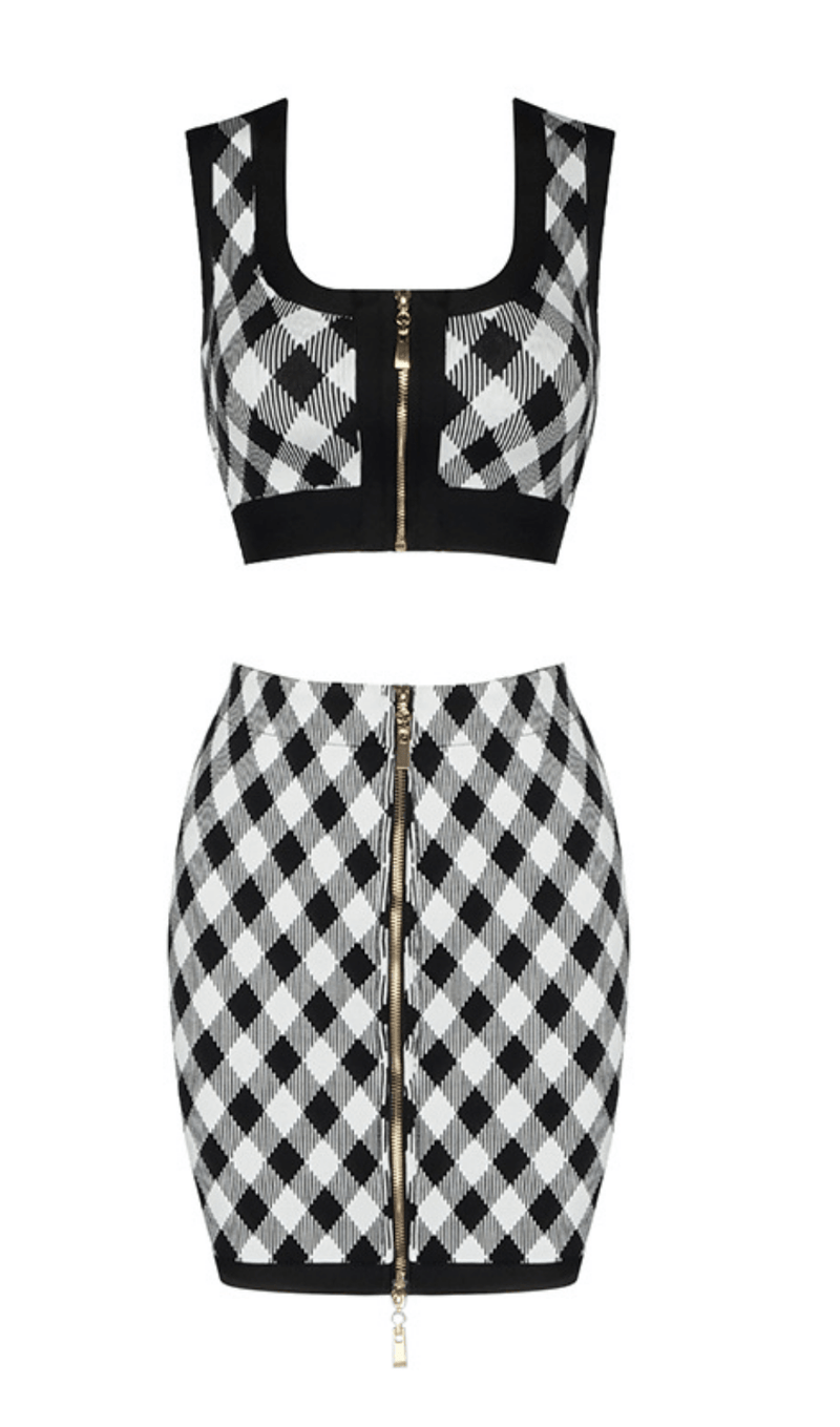 Geometric pattern skirt suit