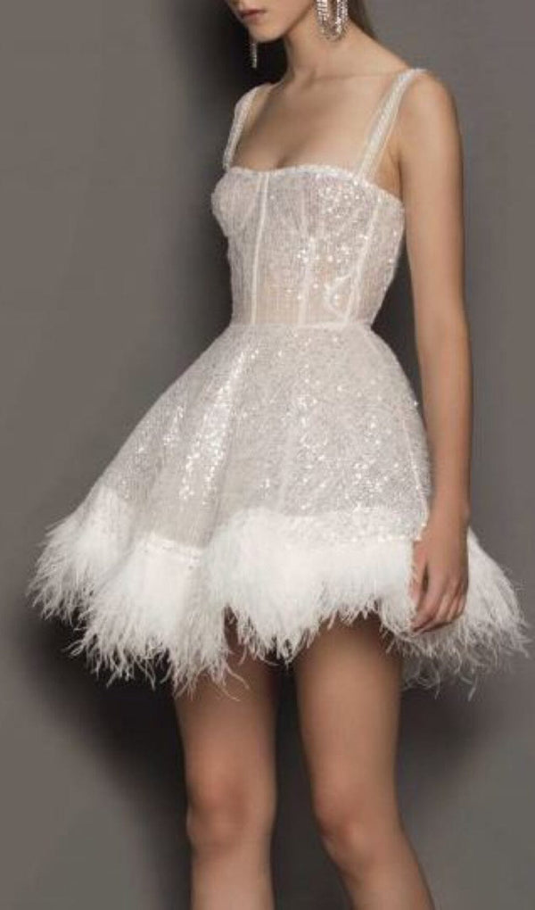 SEQUIN FEATHER SUSPENDER DRESS IN APRICOT 
