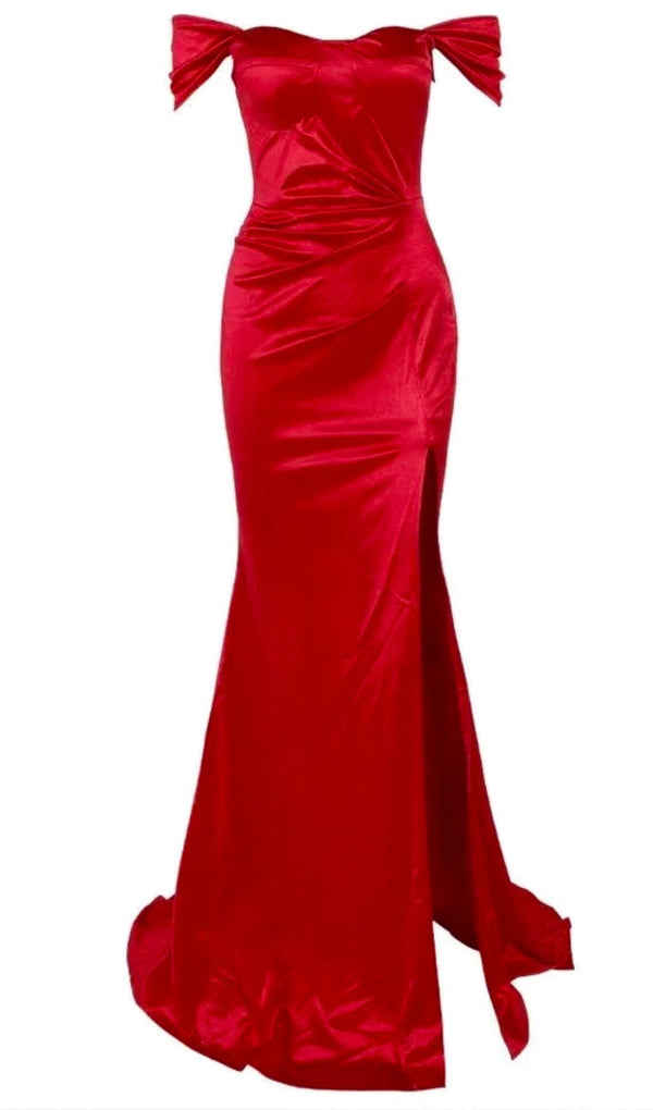 OFF SHOULDER SATIN HIGH SLIT FLOOR LENGTH DRESS IN RED styleofcb 