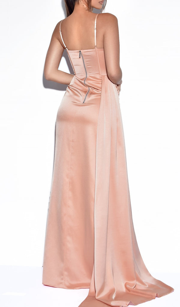 Elayna Blush Strappy Satin Corset High Slit Gown Dresses Oh CiCi 