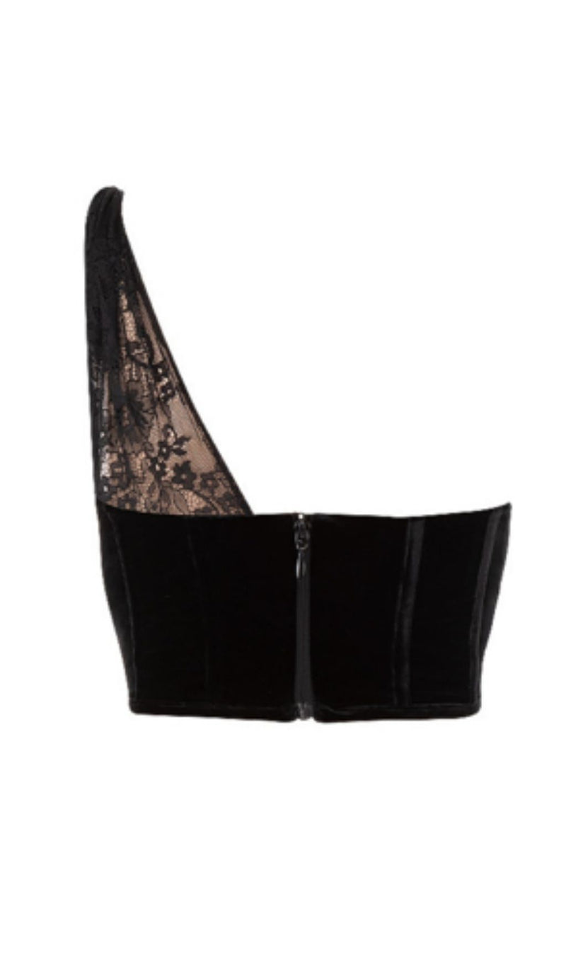 LACE PANELLING ONE-SHOULDER SLING TOP