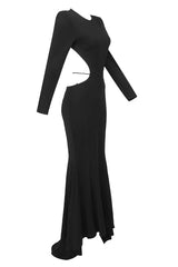 LONG SLEEVE CUT OUT BACKLESS MERMAID MAXI DRESS IN BLACK
