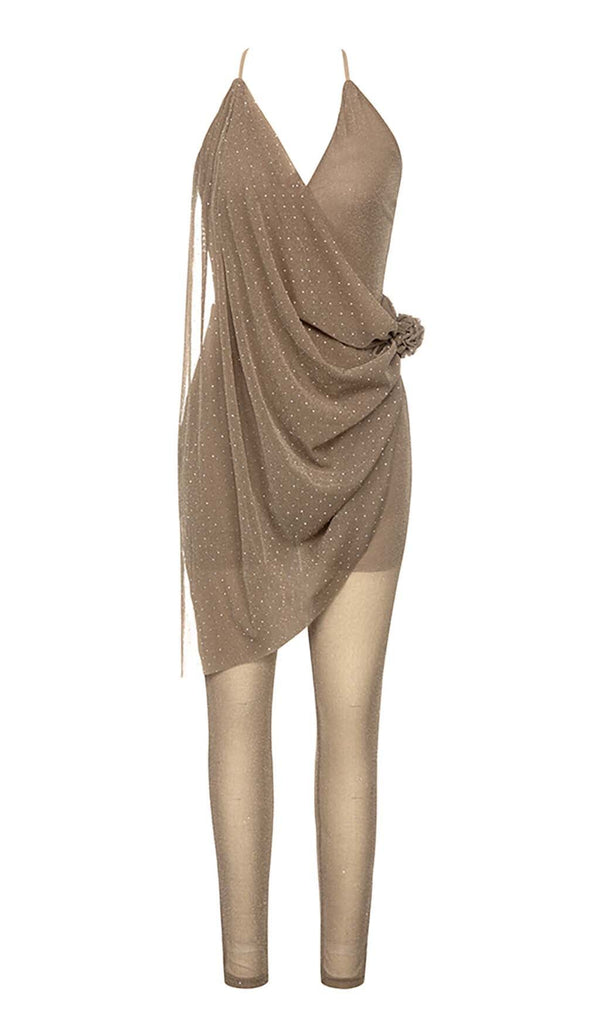 MESH PLUNGE JUMPSUIT IN BROWN DRESS STYLE OF CB 
