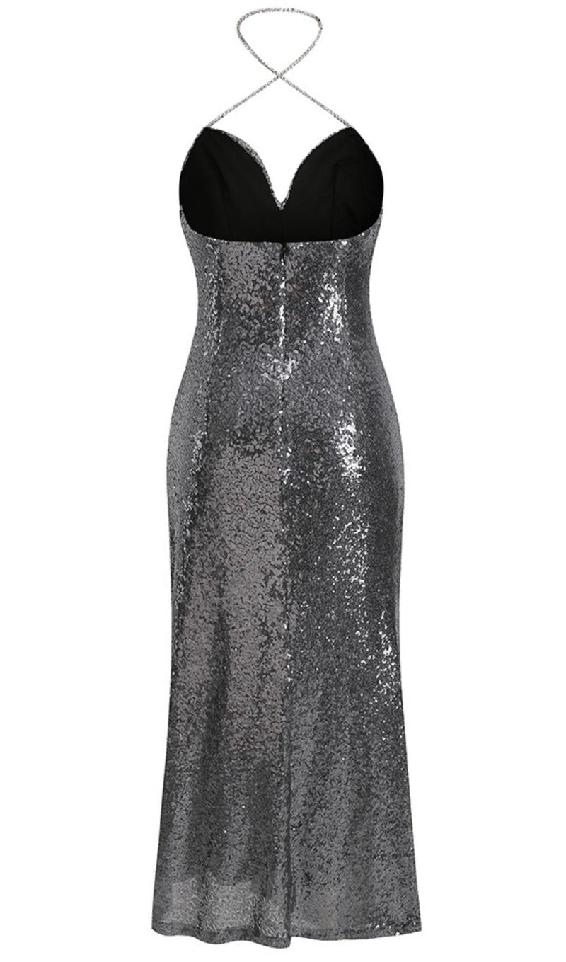 MIDI DRESS WITH SEQUINS SLITS IN SLIVER
