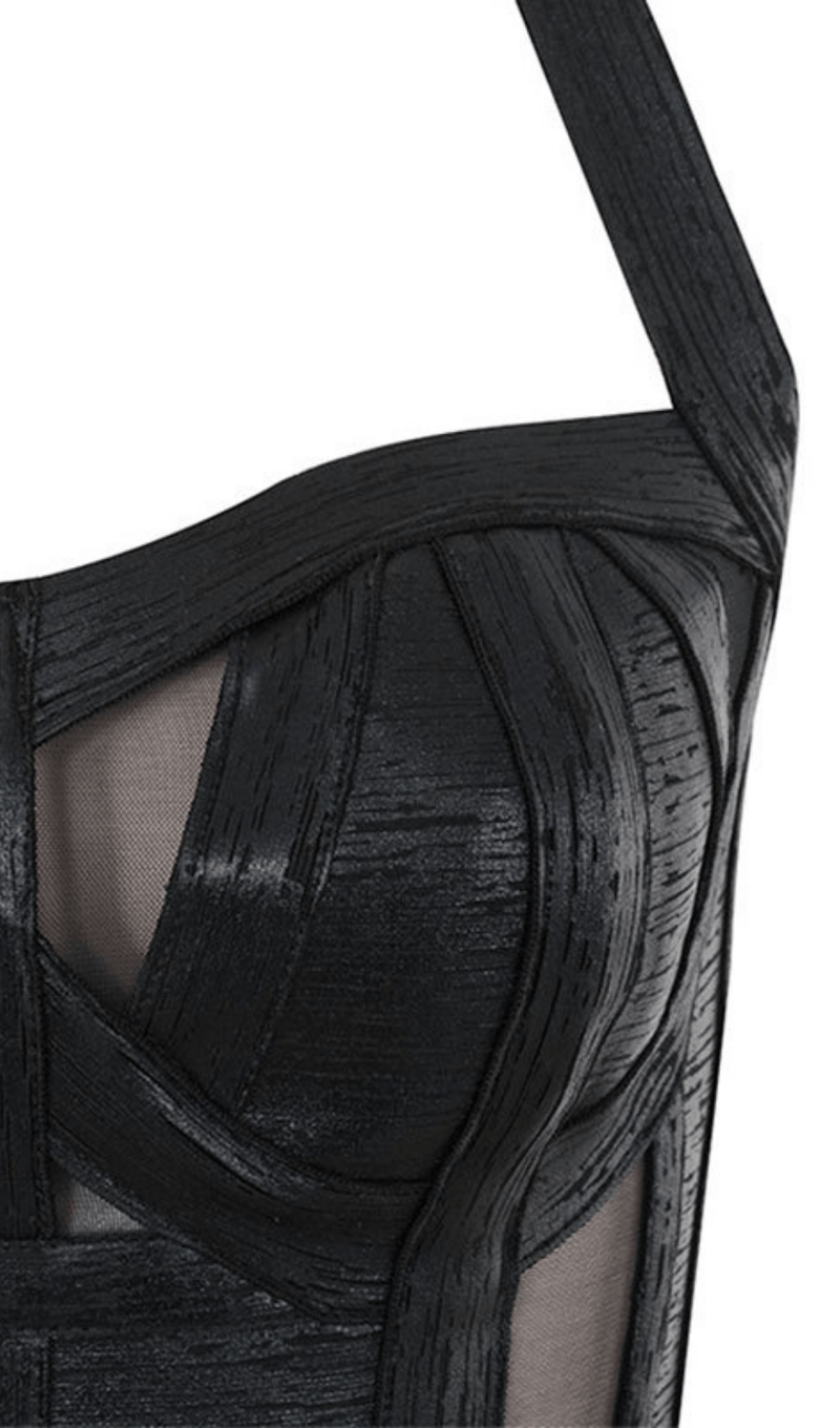 NECK BLACK METALLIC BANDAGE DRESS - BLACK