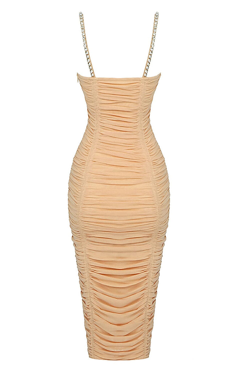 NUDE STRAPPY SEQUINS EMBELLISHED MESH MIDI DRESS