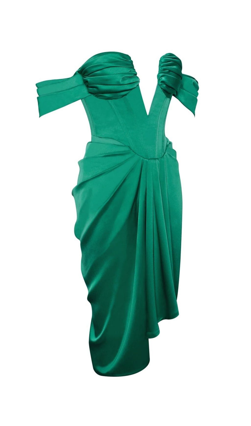 OFF SHOULDER SATIN CORSET MIDI DRESS IN GREEN Dresses styleofcb 