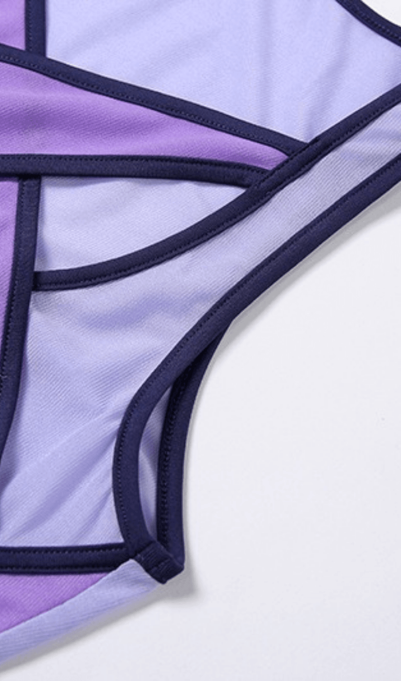 Purple Contrast panel mesh bodysuit.