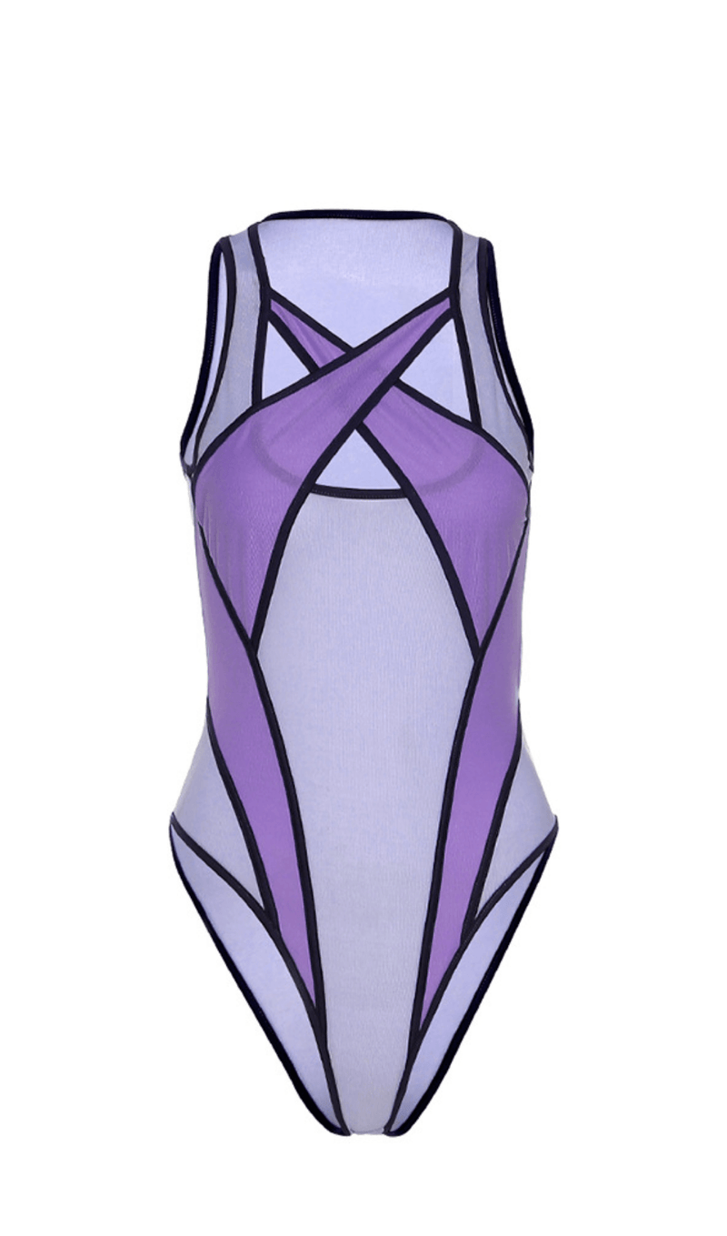 Purple Contrast panel mesh bodysuit. ohmogo 