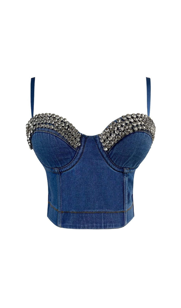 RHINESTONE BACKLESS CROPPED TOP IN NAVY BLUE DRESS STYLE OF CB 