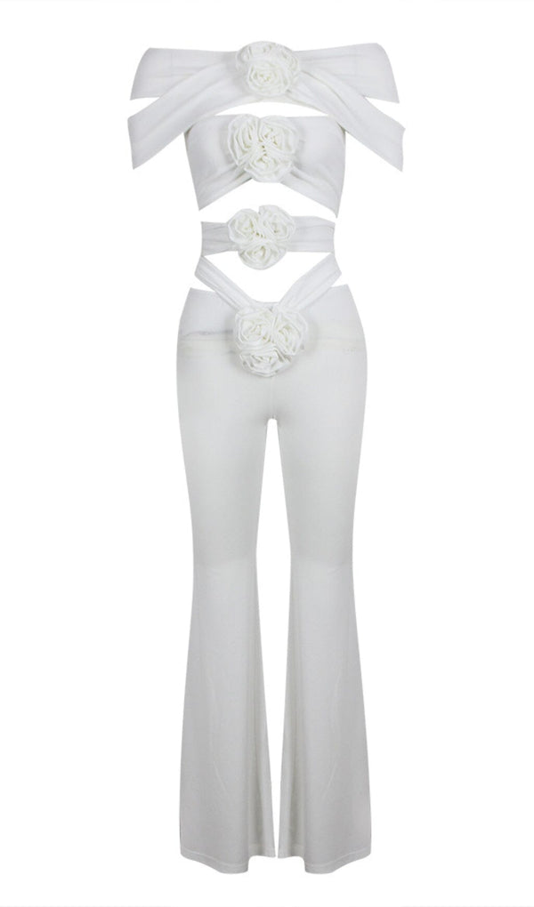 RUCHED CUTOUT FLARED TWO PIECE SET IN WHITE DRESS STYLE OF CB 
