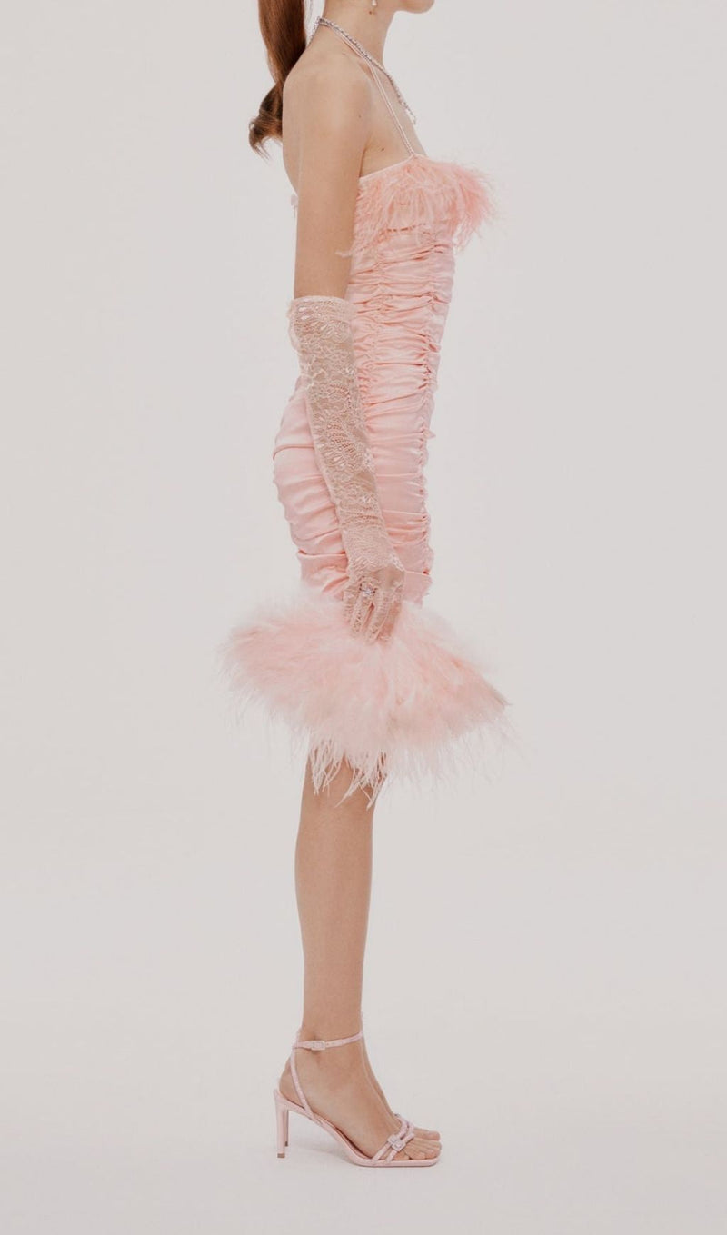 RUCHED FEATHER MINI DRESS IN PINK
