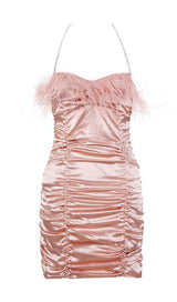 RUCHED FEATHER MINI DRESS IN PINK