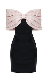 SATIN PINK BOW OFF SHOULDER MINI DRESS Dresses styleofcb XS BLACK/PINK 