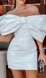 SATIN PINK BOW OFF SHOULDER MINI DRESS IN WHITE Dresses styleofcb 