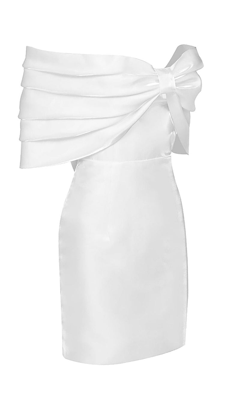 SATIN PINK BOW OFF SHOULDER MINI DRESS IN WHITE Dresses styleofcb 