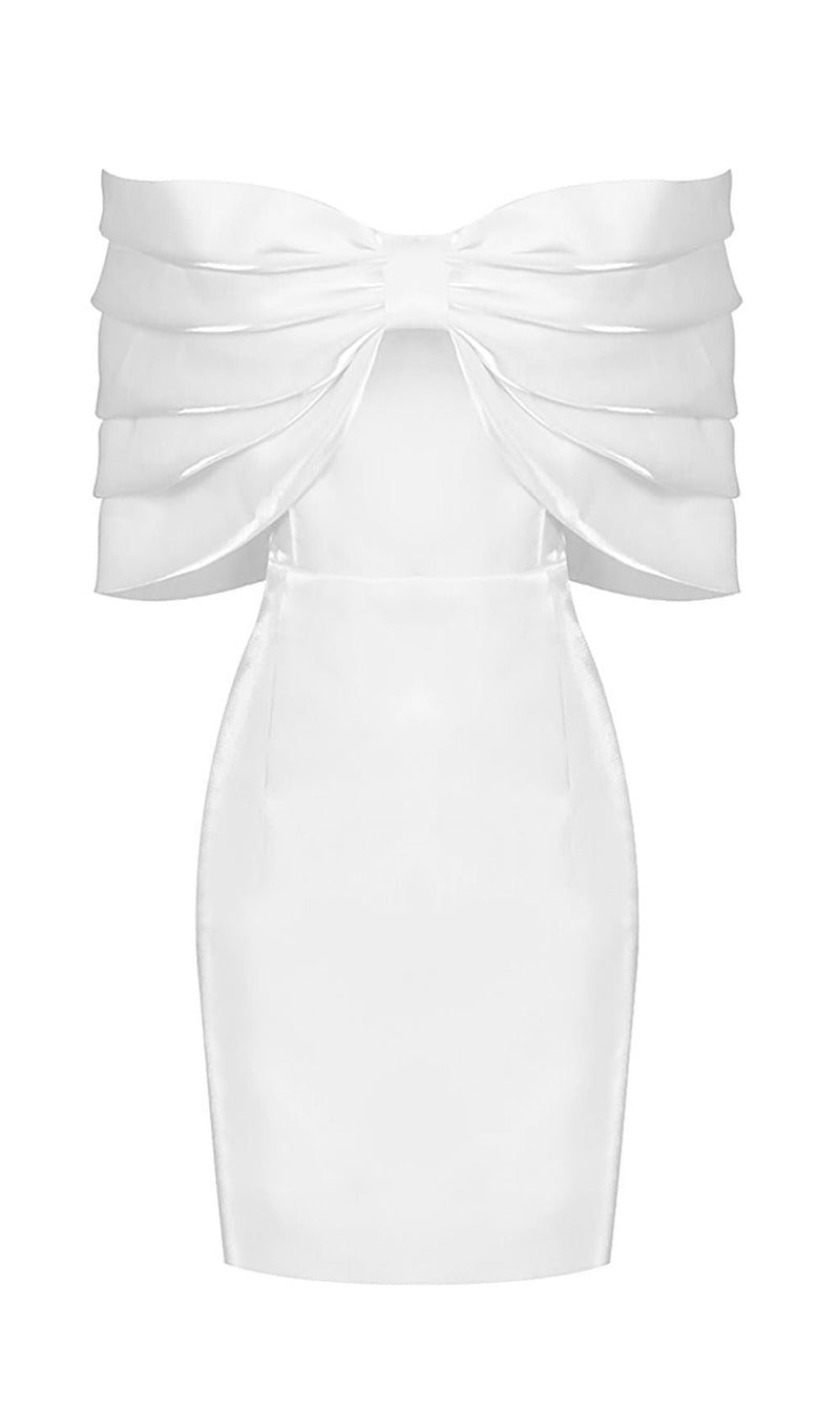 SATIN PINK BOW OFF SHOULDER MINI DRESS IN WHITE Dresses styleofcb XS WHITE 