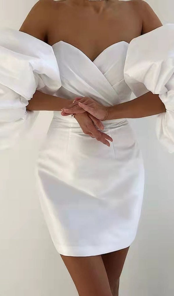 SATIN PUFF SLEEVE MINI DRESS IN WHITE Dresses styleofcb 