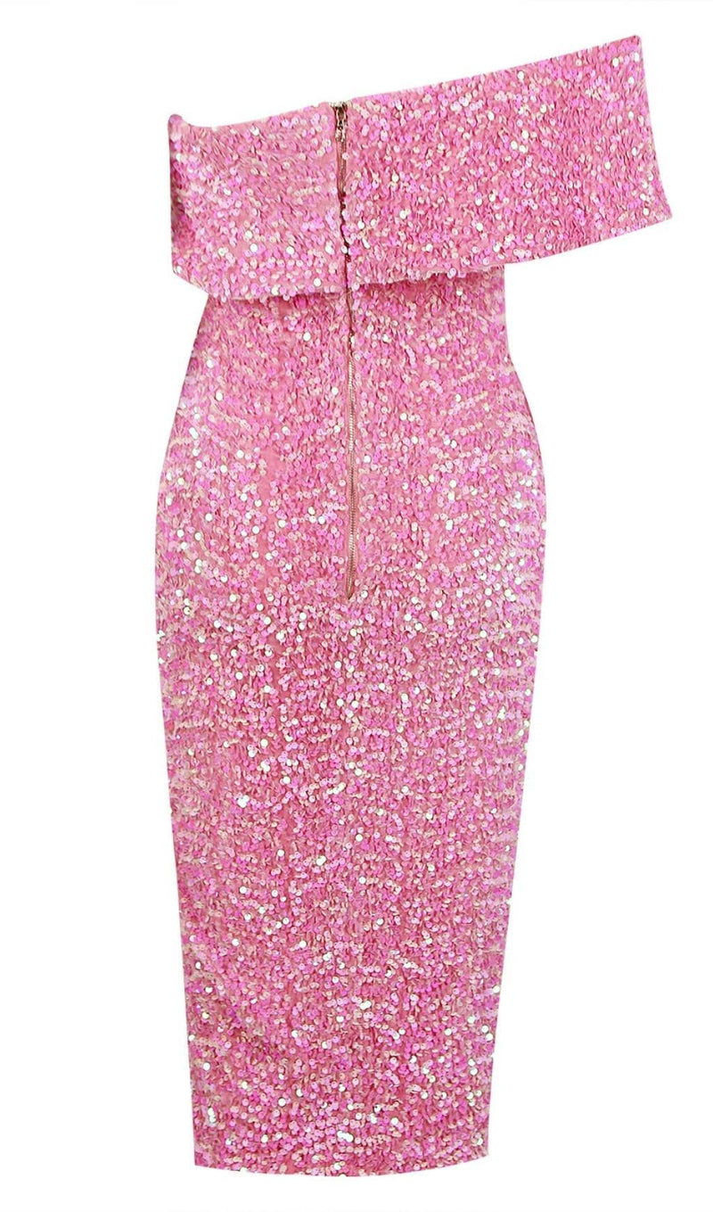 SEQUIN STRAPLESS MIDI DRESS IN PINK