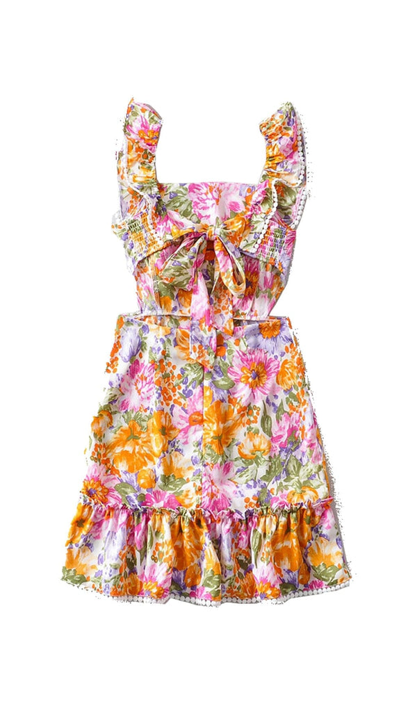 SQUARE NECK FLORAL RUFFLED MINI DRESS IN PINK DRESS STYLE OF CB 