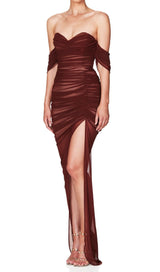 STRAPLESS BANDAGE RUCHED MAXI DRESS IN BROWN Dresses styleofcb 