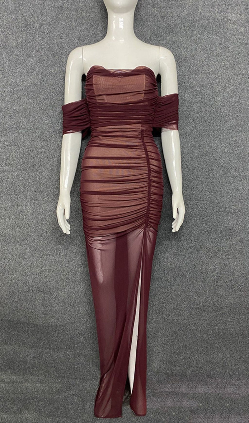 STRAPLESS BANDAGE RUCHED MAXI DRESS IN BROWN Dresses styleofcb 