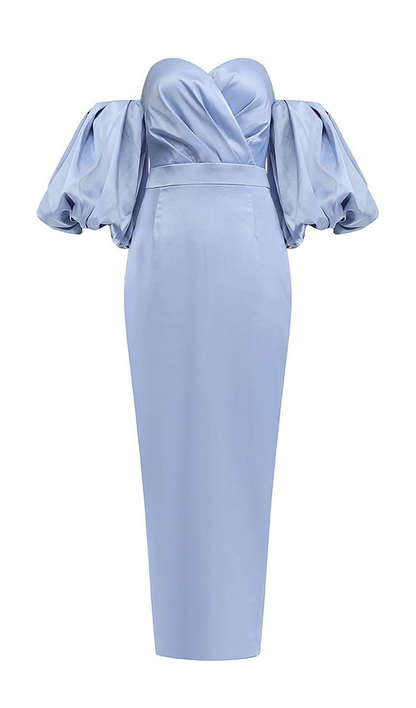 STRAPLESS PUFF SLEEVES MIDI DRESS IN BLUE