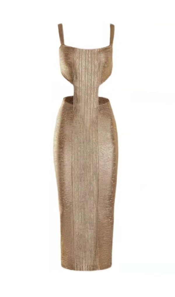STRAPPY CUT OUT BANDAGE MIDI DRESS IN GOLD