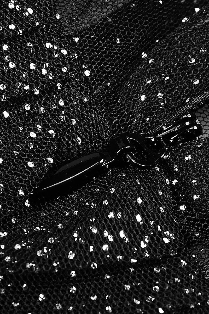 STRAPPY DRAPED RHINESTONE TULLE CORSET MAXI DRESS IN BLACK