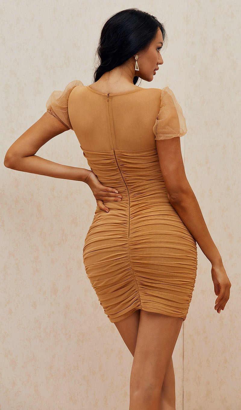 TAN PUFF SLEEVE RUCHED DRESS