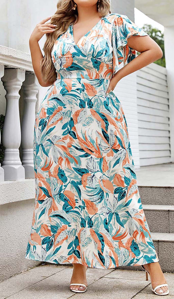 TROPICAL PRINT BUTTERFLY SLEEVE MIDI DRESS IN MULTI COLOR