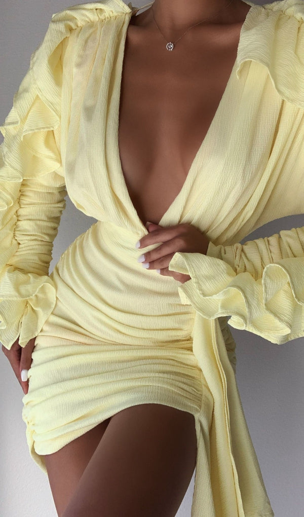 Samara Yellow Draping Ruffle Sleeve Dress Dresses Oh CiCi 