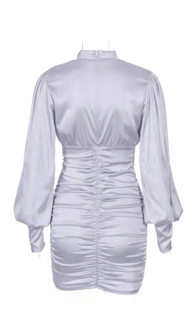 WHITE SATIN HIGH NECKED DRAPED DRESS