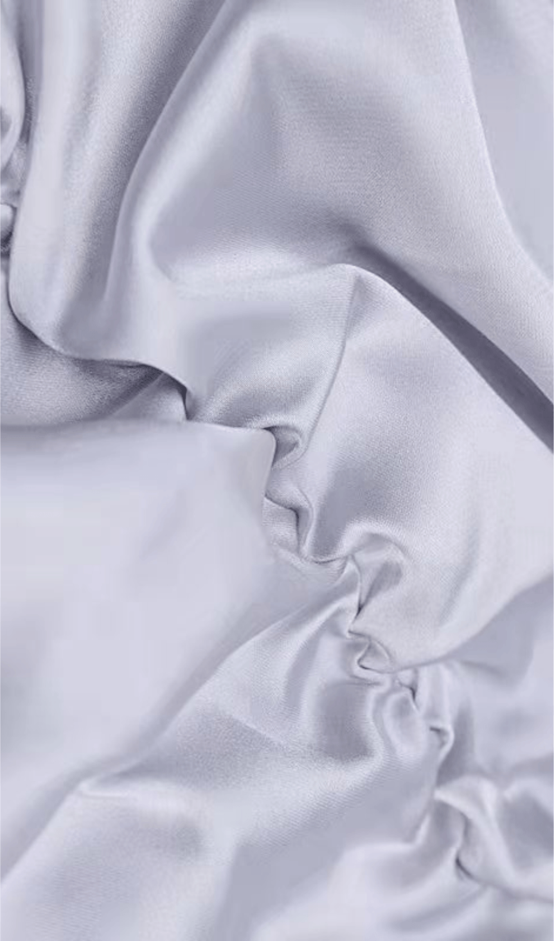 WHITE SATIN HIGH NECKED DRAPED DRESS